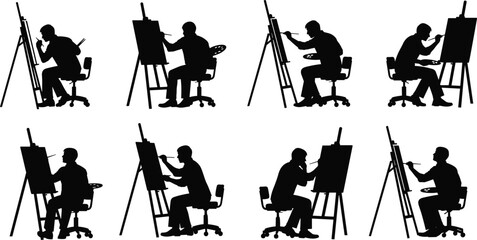 Obraz premium artist, painter, easel, silhouette, drawing, painting, art, vector, creative, studio, cad, figure, flat, black, illustration