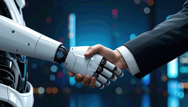 Human hand shaking robot hand symbolizing future technology partnership and collaboration. - Powered by Adobe