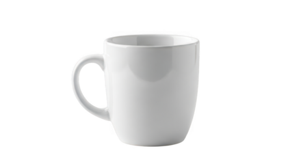 A plain white ceramic mug isolated on transparent background, perfect for coffee or tea