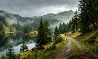 Scenic mountain lake with winding road, forest, fog, and overcast sky
