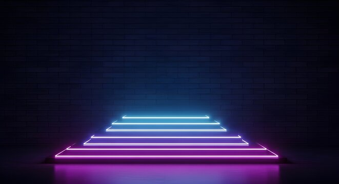 Futuristic neon staircase with blue and pink lights leading upward in darkness