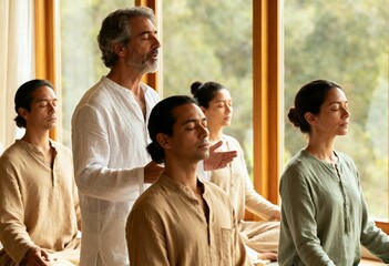 Obraz premium Male instructor guiding a group meditation class at a wellness retreat. People practicing mindfulness for spiritual and mental wellbeing