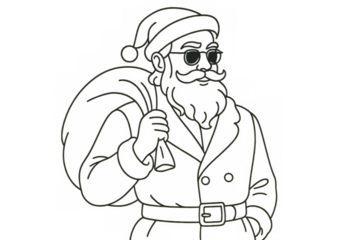 Santa claus wearing sunglasses, carrying sack of gifts, modern christmas character outline drawing