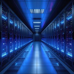Fototapeta premium Futuristic Data Center Server Room with Blue Neon Lights.