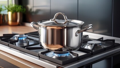 stainless steel pot simmering on gas stovetop appliance kitchen