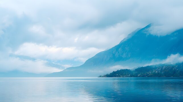 Serene body of water meets imposing mountainous terrain veiled in mist under an overcast sky