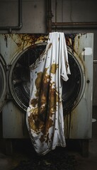 A stained white shirt hangs from a rusty industrial washing machine