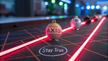 Neon Baubles Aligned Along Red Laser Lines on Futuristic Setup