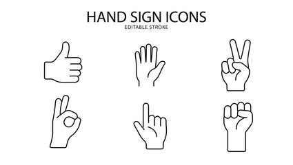 Fototapeta premium A set of hand sign icons with editable lines (not outlined), 線の編集ができるハンドサインに関するアイコンセット（アウトライン化していない）, hand, icon, finger, thumb, up, vector, symbol, ok, good, gesture, illustration, sign, button, like