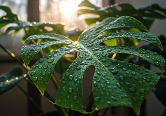 Monstera deliciosa leaf covered in morning dew illuminated by sunlight