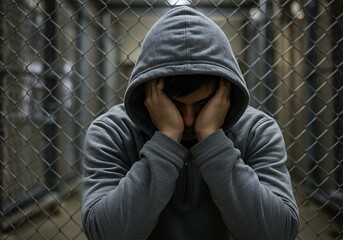 Person in a grey hoodie with hands covering face, leaning against a chain-link fence, depicting sadness or despair.