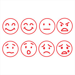 The image displays eight red, outlined circular emoticons on a white background. They are arranged in two rows of four. Each emoticon depicts a different facial expression, ranging from happy 