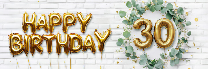 Happy Birthday Poster for the 30th Birthday in modern gold balloon optic and eucalyptus leaves