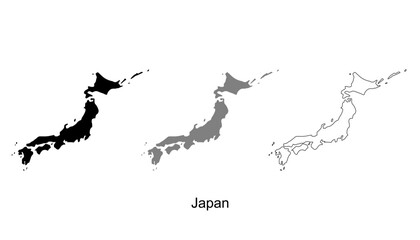 Japan map set. Japan map vector. Japan map on silhouette, gray, and outline