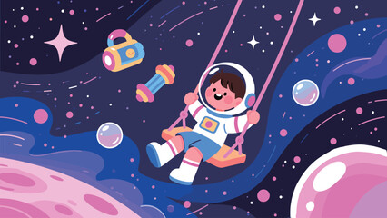 Little Astronaut Swinging Through a Dreamy Cosmic Playground