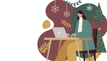 Woman working on laptop amid festive winter decor Holiday business remote work illustration