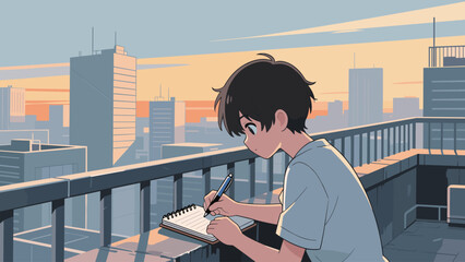 Urban Serenity Young Artist Sketching on a City Rooftop