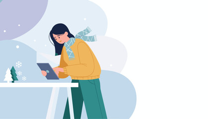 Worried woman using tablet during winter season Online shopping stress or connectivity trouble