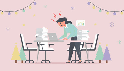 Overwhelmed employee working furiously at desk during busy holiday season