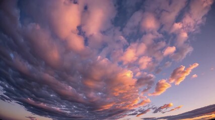 cinematic 4k sunset time lapse capturing soft pastel clouds turning pink orange tranquil blue sky evoking feelings calm relaxation gentle beauty evening light