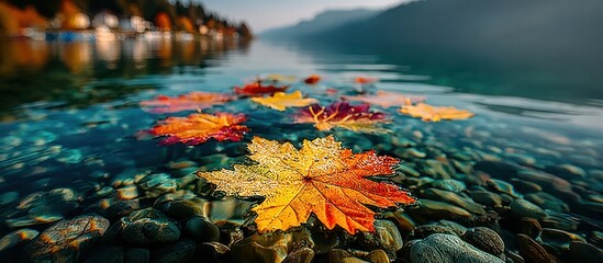 Vibrant Autumn Maple Leaf Floating on Crystal Clear Lake Water with Pebbles and Distant Mountain Reflections