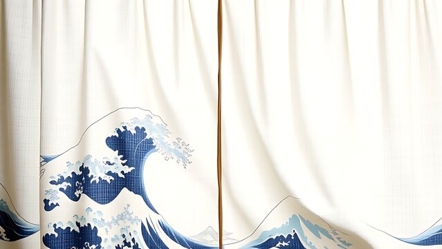 noren. A noren curtain with ukiyo-e wave patterns, fabric flowing gently in wind, indigo and white. event programs, museum guides, designed for cultural heritage projects and event programs.