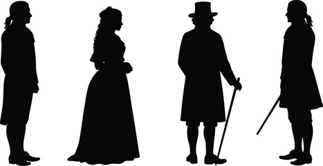 Historical silhouettes, vintage fashion, 18th century attire, Victorian style, cultural heritage, costume design, antique clothing, retro illustration, people figures, tradition