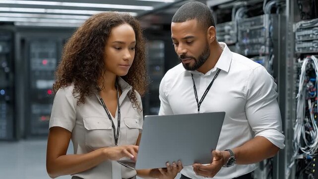 Tech Collaboration: In a cutting-edge data center, two tech experts collaborate intensely, studying a laptop screen. Their focused expressions highlight their expertise.