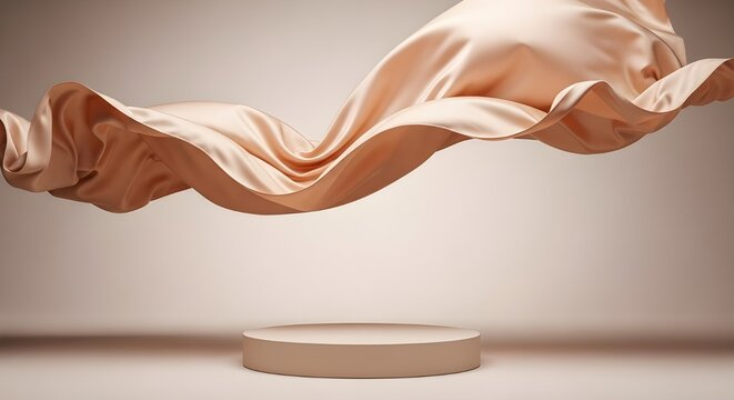 Elegant flowing fabric drapes gracefully over a minimalist podium on a soft neutral background