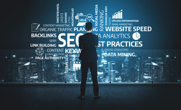 A businessman stands thoughtfully in front of a digital display showing various elements of SEO and digital marketing strategies, overlooking a cityscape. Tessel