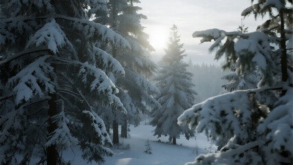 Misty Evergreen Forest in Deep Winter Atmosphere