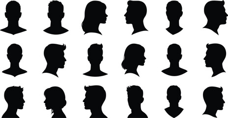 Human head silhouettes, male and female profiles, hairstyle variety, black vector design, identity concept, psychology study, fashion outline, people illustration, diversity