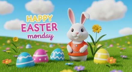 Cute easter bunny with colorful eggs on a sunny spring day