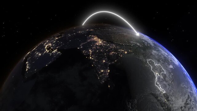 Realistic 3D Earth Night Flight Path Arc from Boston United States to Bangkok Thailand