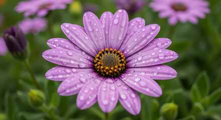 Fototapeta premium Close up of a purple daisy with water droplets in a garden setting outdoors