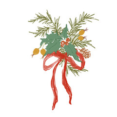 Whimsical Christmas floral card of red bow, berries, holly, pine cone and branch. Hand-drawn vintage poster isolated on white background. Illustration for design, print, fabric or background.