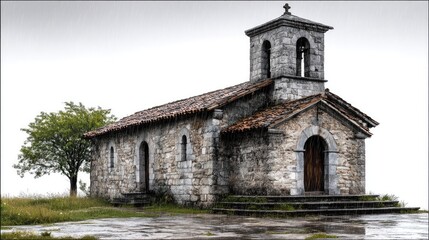 Fototapeta premium Old Stone Church: A weathered stone church stands serene, its aged facade whispering tales of time and faith. The scene is one of quiet contemplation, evoking a sense of history and spiritual depth.