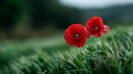 Fototapeta premium Scenic view of red poppies across a vast green field under calm skies, used as symbolic imagery for Armistice Day, peace, and honoring those who served during wartime.
