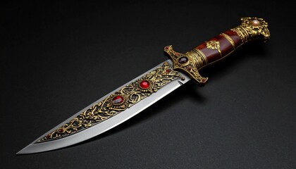 Decorative dagger with engraved blade, gold-accented crossguard, red gemstones, and wrapped grip—symbol of ceremonial elegance and craftsmanship.