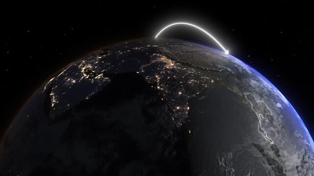 Realistic 3D Earth Night Flight Path Arc from Dallas United States to Bangkok Thailand