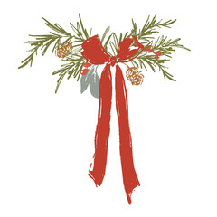 Whimsical Christmas floral card of big red bow, berries, pine cone and branch. Hand-drawn vintage poster isolated on white background. Illustration for design, print, fabric or background.