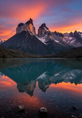 Stunning mountain range reflecting in tranquil lake at sunset with vibrant colors.