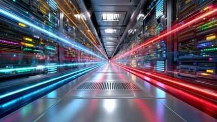 Digital Highway: A futuristic perspective reveals a data center bathed in vibrant streaks of blue and red light, symbolizing the dynamic flow of information and connectivity. - Powered by Adobe