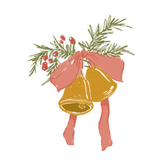 Whimsical Christmas floral card of pink bow, Christmas bell, berries and fir branch. Hand-drawn vintage poster isolated on white background. Illustration for design, print, fabric or background.