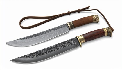 Ornate curved knife with engraved blade and brass-accented wooden handle—paired with stitched leather sheath, showcasing craftsmanship and ceremonial elegance.