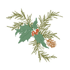 Whimsical Christmas floral card of berries, holly, pine cone and branch. Hand-drawn vintage poster isolated on white background. Illustration for design, print, fabric or background.
