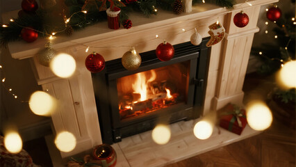 Blurred Festive Lights and Fireplace Holiday Ambiance