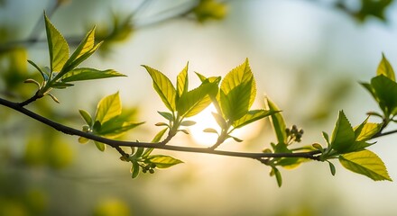 Spring branches overlapping with soft sunlight glow, young leaves semi-transparent under light, pastel background, realistic high-resolution photography, airy atmosphere