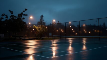 Rain-soaked tennis court at night with lights reflecting on wet surface
