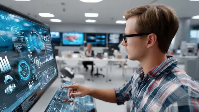 Tech Savvy Insight: A focused individual in a modern tech-driven environment, immersed in the intricate world of interactive data and technological advancements.